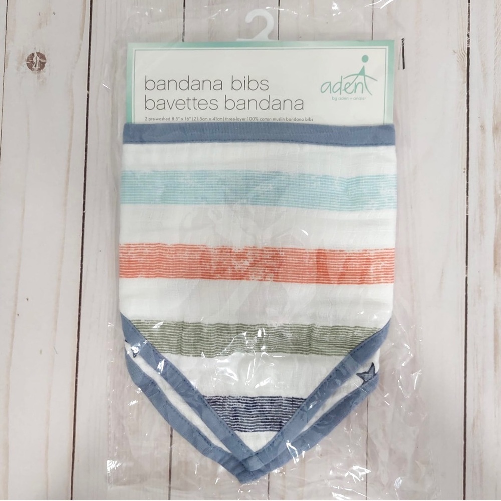 Aden & Anais Baby Blue White Striped / Stars Print 100% Cotton Bandana Bibs NWT